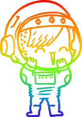 rainbow gradient line drawing of a cartoon laughing astronaut girl