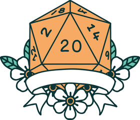 Retro Tattoo Style natural 20 critical hit D20 dice roll