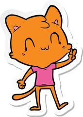 sticker of a cartoon happy cat giving peace sign