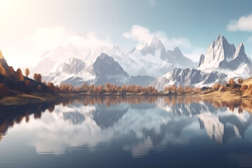 Fototapeta na wymiar 3d render, fantasy landscape panorama with mountains reflecting in the water. Abstract background. Generated with AI. 