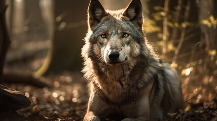 Portrait of a wolf in the woods, Generative AI