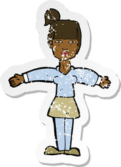 retro distressed sticker of a cartoon woman shrugging shoulders