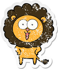 distressed sticker of a happy cartoon lion