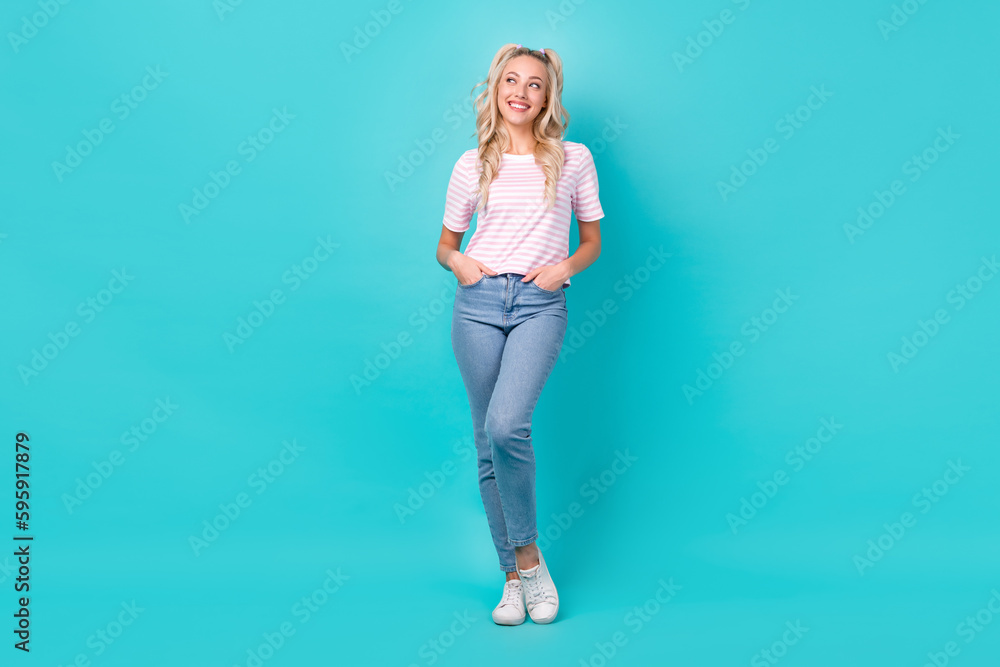 Sticker full length photo of satisfied minded creative person put arms pockets look empty space isolated on 