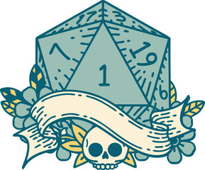 Retro Tattoo Style natural one d20 dice roll