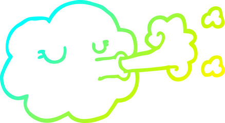 cold gradient line drawing of a cartoon cloud blowing a gale