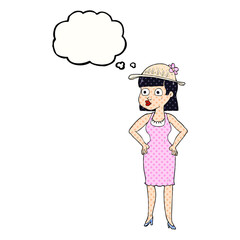 freehand drawn thought bubble cartoon woman wearing sun hat