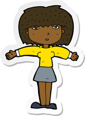 sticker of a cartoon woman shrugging shoulders