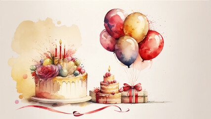 Happy birthday holiday celebration concept. Greeting birthday party, decoration invitation card. Watercolor illustration, post processed AI generated image