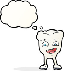 cartoon happy tooth with thought bubble