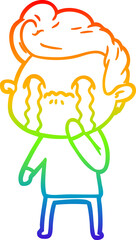 rainbow gradient line drawing of a cartoon man crying
