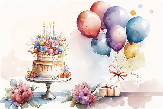 Happy birthday holiday celebration concept. Greeting birthday party, decoration invitation card. Watercolor illustration, post processed AI generated image.