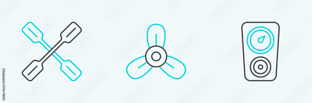 Sticker set line gauge scale, paddle and boat propeller, turbine icon. vector