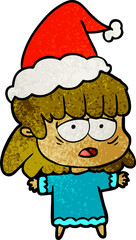 hand drawn textured cartoon of a tired woman wearing santa hat