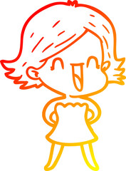 warm gradient line drawing of a cartoon happy woman