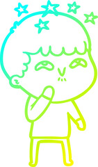 cold gradient line drawing of a cartoon amazed boy