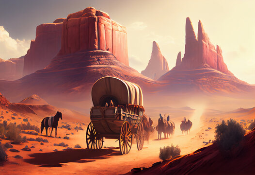 A group of settlers in covered wagons trundle across a parched desert landscape, the hot sun beating down on their weary faces. Generative AI technology.  
