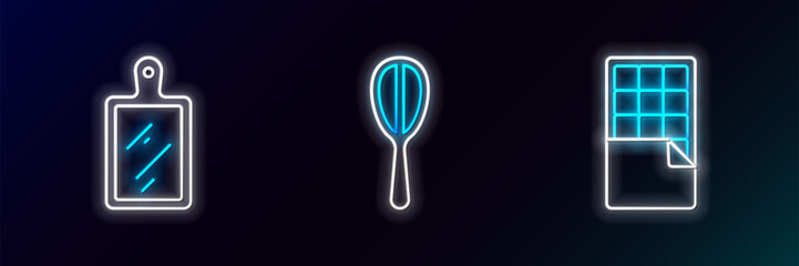 Set line Chocolate bar, Cutting board and Kitchen whisk icon. Glowing neon. Vector