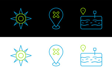 Set line Broken road, Wind rose and Location with cross mark icon. Vector
