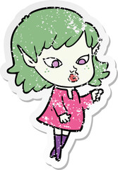 distressed sticker of a pointing cartoon elf girl