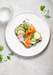 Smorrebrod, toasted bread with rye bread, salmon,curd cheese with herbs, green wild onion, cucumber and radish. Hearty and healthy Scandinavian and Baltic  snack, lunch. Summer menu
