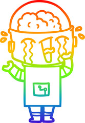 rainbow gradient line drawing of a cartoon crying robot