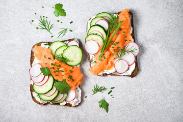 Smorrebrod, toasted bread with rye bread, salmon,curd cheese with herbs, green wild onion, cucumber...