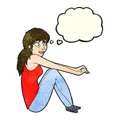 cartoon happy woman sitting with thought bubble