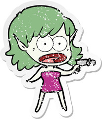 distressed sticker of a cartoon shocked alien girl with ray gun