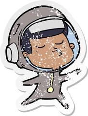 distressed sticker of a cartoon confident astronaut
