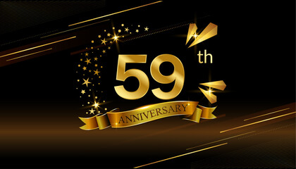 59th anniversary logo with golden ring, confetti and Gold ribbon isolated on elegant black background, sparkle, vector design for greeting card and invitation card