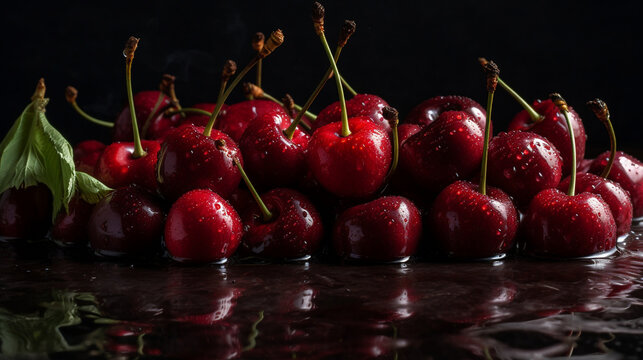 Cherries with water drops, Fresh, Juciy, Summer, Healthy, Farming, Harvesting, Environment, Perfessional and  award-winning photograph, Close-up - Generative AI
