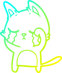cold gradient line drawing of a crying cartoon cat