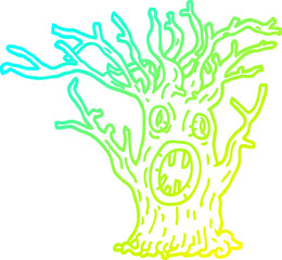 cold gradient line drawing of a cartoon spooky tree