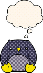 cartoon penguin with thought bubble in comic book style