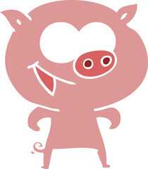 cheerful pig flat color style cartoon