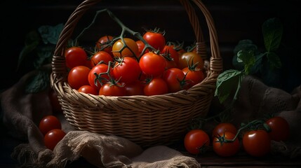 Fototapeta na wymiar Tomatoes in a basket, Fresh, Juciy, Summer, Healthy, Farming, Harvesting, Environment, Perfessional and award-winning photograph, Close-up - Generative AI