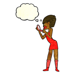 cartoon woman applying lipstick with thought bubble
