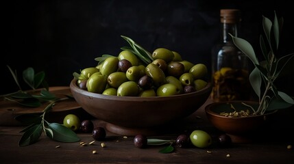 Green Olives in a bowl, Fresh, Juciy, Summer, Healthy, Farming, Harvesting, Environment, Perfessional and  award-winning photograph, Close-up - Generative AI