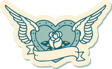 sticker of tattoo in traditional style of a flying heart with flowers and banner