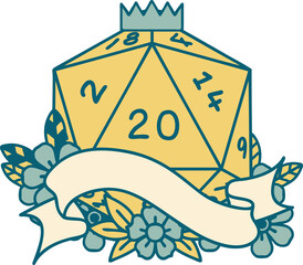 Retro Tattoo Style natural twenty D20 dice roll