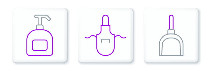 Set line Dustpan, Bottle of liquid soap and Kitchen apron icon. Vector