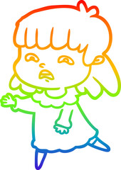 rainbow gradient line drawing of a cartoon worried woman