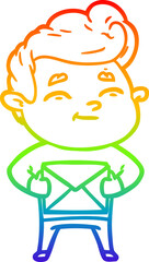 rainbow gradient line drawing of a happy cartoon man with gift