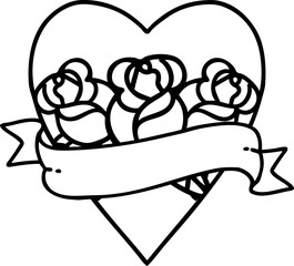 tattoo in black line style of a heart and banner with flowers
