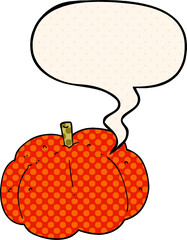 cartoon pumpkin with speech bubble in comic book style