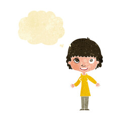 cartoon happy woman with thought bubble