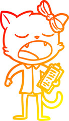 warm gradient line drawing of a cartoon yawning cat