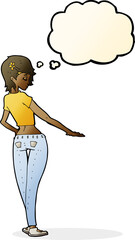 cartoon pretty girl in jeans and tee with thought bubble