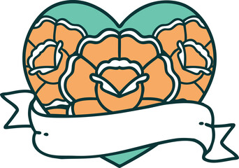 iconic tattoo style image of a heart and banner with flowers